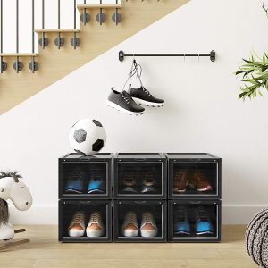 schoenendoos, stapelbare schoen organizer, plastic doos met transparante deur, schoenopslag, eenvoudig te monteren, set van 6, 28 x 36 x 22 cm, voor schoenen tot maat 46, zwart