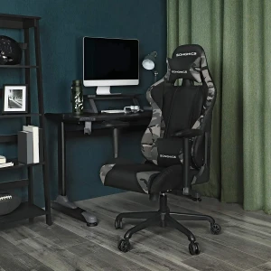 SONGMICS Gaming chair 150 kg, bureaustoel, bureaustoel met lendenkussen, stalen frame, hoge rugleuning en brede zitting, in hoogte verstelbaar, ergonomisch, kunstleder, camouflagekleur