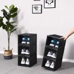 schoenendoos, stapelbare schoen organizer, plastic doos met transparante deur, schoenopslag, eenvoudig te monteren, set van 3, 28 x 36 x 22 cm, voor schoenen tot maat 46, zwart
